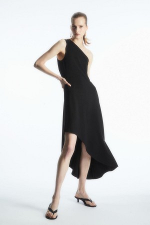 COS Asymmetric One-shoulder Midi Ruha Női Fekete | YXE-380679