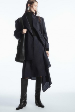 COS Asymmetric Pinstriped Gyapjú Szoknya Női Sötétkék | OIX-694053