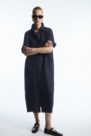 COS Belted Linen Shirt Ruha Női Sötétkék | WVG-370915
