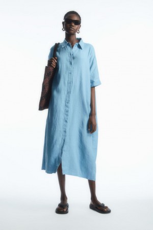 COS Belted Linen Shirt Ruha Női Világos Kék | GIL-286435