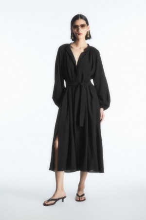 COS Belted Midi Shirt Ruha Női Fekete | QTH-269458