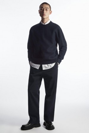 COS Boiled-wool Crew-neck Jumpers Férfi Sötétkék | YOT-987405