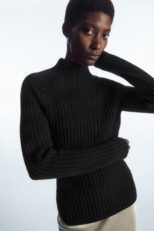 COS Bordázott Pure Cashmere Turtleneck Jumpers Női Fekete | JMP-890172