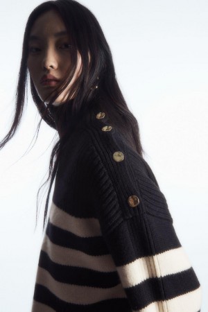 COS Button-embellished Csíkos Gyapjú Jumpers Női Sötétkék | FWP-396214