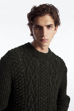 COS Cable-knit Gyapjú Jumpers Férfi Sötétzöld | JLD-067358