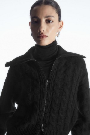 COS Cable-knit Gyapjú Zip-up Kabát Női Fekete | LAT-847036