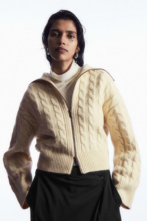 COS Cable-knit Gyapjú Zip-up Kabát Női Krém | TLB-120675