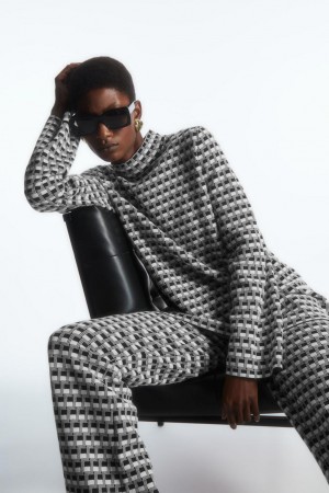 COS Checked Jacquard-knit High-neck Felső Női Fekete | JDU-075631