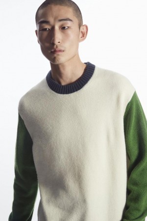COS Colour-block Gyapjú Jumpers Férfi Fehér Sötétzöld Sötétkék | SKJ-562147