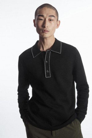 COS Contrast-stitch Gyapjú Pólóing Férfi Fekete Fehér | HMF-945316