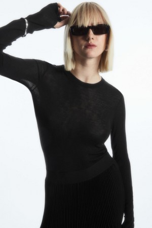 COS Crew-neck Merino Gyapjú Póló Női Fekete | ODY-572498