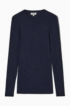 COS Crew-neck Merino Gyapjú Póló Női Sötétkék | ONX-160479