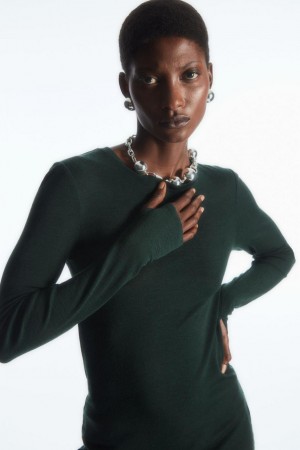 COS Crew-neck Merino Gyapjú Póló Női Sötétzöld | ENQ-312764