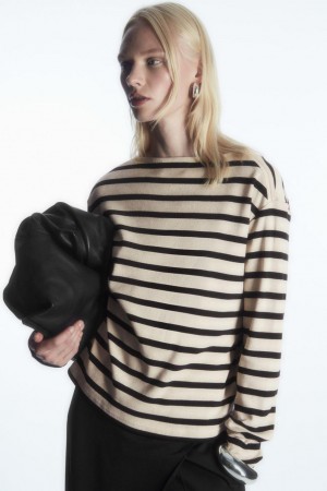 COS Csíkos Csónak-neck Long-sleeved Felső Női Sötétkék Fehér | MJO-704293