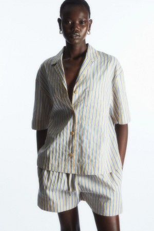 COS Csíkos Linen-blend Camp-collar Ing Női Bézs Kék | QTY-714369