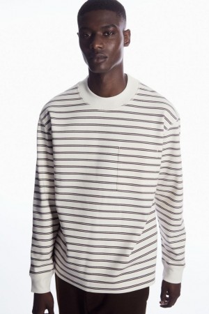 COS Csíkos Mock-neck Long-sleeved Póló Férfi Fehér | DPQ-526408