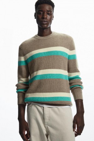 COS Csíkos Waffle-knit Gyapjú Jumpers Férfi Bézs Türkiz | MNJ-709542