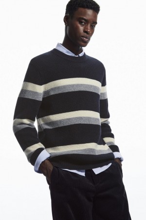 COS Csíkos Waffle-knit Gyapjú Jumpers Férfi Sötétkék Szürke | DUJ-769834