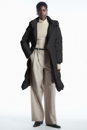 COS Csuklyás Recycled Down Puffer Kabát Női Fekete | CNK-680154
