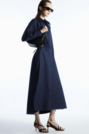 COS Cutout-waist Midi Shirt Ruha Női Sötétkék | ZTI-371420