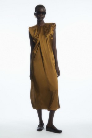 COS Draped Cap-sleeve Midi Ruha Női Barna | KWO-970561