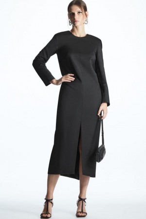 COS Draped Gyapjú-blend Midi Ruha Női Fekete | IZL-476908
