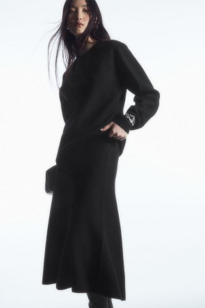 COS Flared Merino Gyapjú Midi Szoknya Női Fekete | DKI-285039