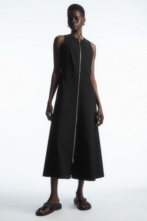 COS Flared Zip-up Midi Ruha Női Fekete | QZB-572689