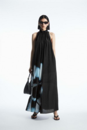 COS Floral-print Silk-blend Maxi Ruha Női Fekete | FOG-265094