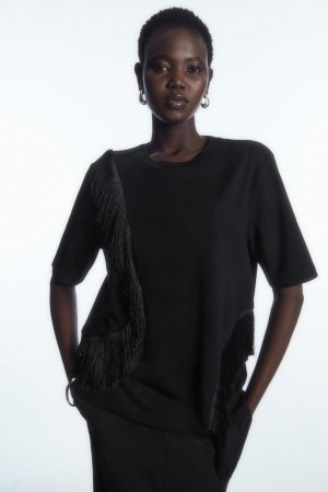COS Fringed Jersey Póló Női Fekete | KTB-496308