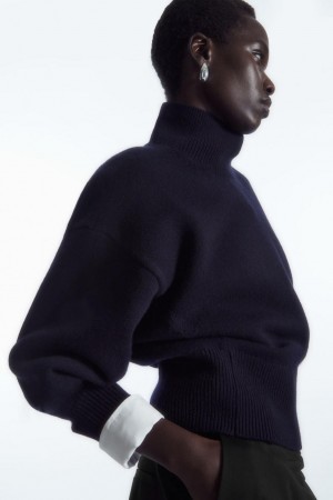 COS Funnel-neck Waisted Gyapjú Jumpers Női Sötétkék | ELN-046215