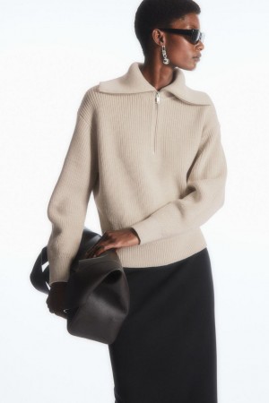 COS Gyapjú And Pamut Half-zip Jumpers Női Bézs | AUZ-106529