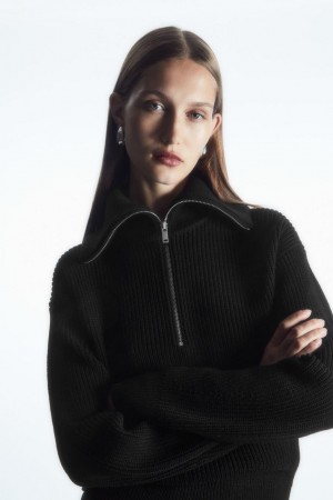 COS Gyapjú And Pamut Half-zip Jumpers Női Fekete | BPC-672853