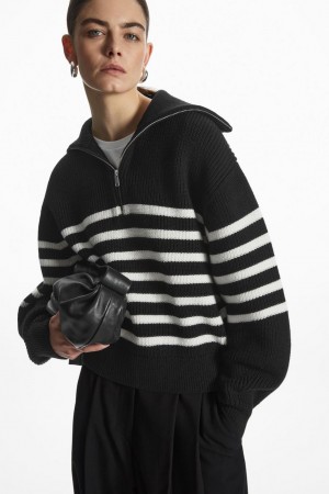 COS Gyapjú And Pamut Half-zip Jumpers Női Fekete Fehér | BJL-029158