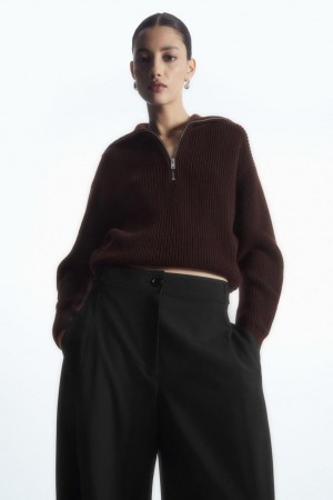 COS Gyapjú And Pamut Half-zip Jumpers Női Sötétbarna | DUS-219345
