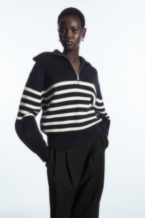 COS Gyapjú And Pamut Half-zip Jumpers Női Sötétkék Fehér | JBL-374126
