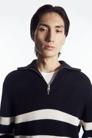 COS Gyapjú And Pamut-blend Half-zip Jumpers Férfi Sötétkék | UZB-652870