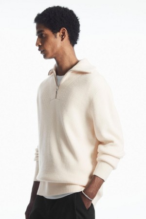 COS Gyapjú And Pamut-blend Half-zip Jumpers Férfi Krém | OAB-283471