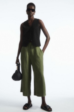 COS High-waisted Linen Nadrág Női Sötétzöld | CEN-904583