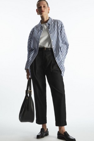 COS High-waisted Tapered Twill Nadrág Női Fekete | IKA-538469