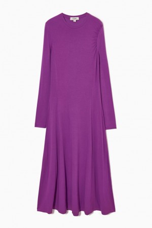 COS Long-sleeved Gathered Jersey Midi Ruha Női Lila | FSM-367208