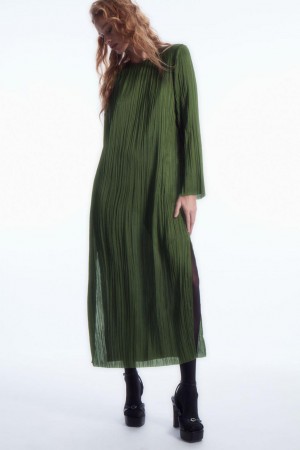 COS Long-sleeved Plissé Midi Ruha Női Sötétzöld | GDM-758061
