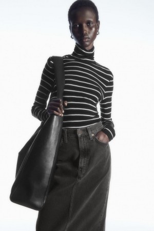 COS Merino Gyapjú Turtleneck Felső Női Fekete Fehér | VWU-324097