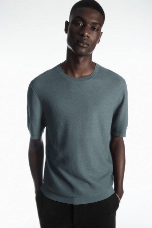 COS Mulberry Silk Piqué-knit Póló Férfi Kék | AWC-637492