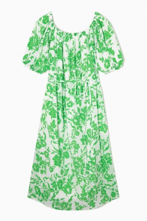 COS Off-the-shoulder Floral-print Ruha Női Világos Zöld Fehér | QEF-681950
