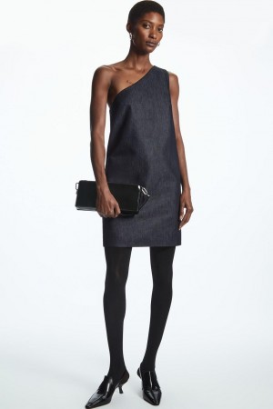 COS One-shoulder Denim Mini Ruha Női Sötétkék | JUK-269413