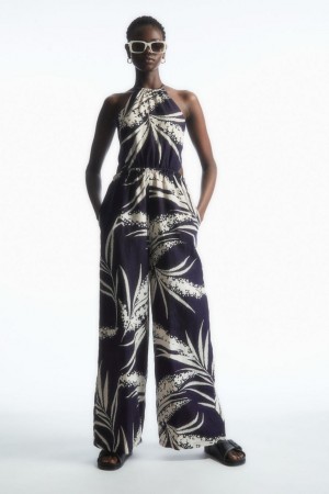 COS Open-back Floral-print Linen Jumpsuit Női Sötétkék | ONR-091745