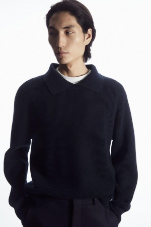 COS Open-collar Gyapjú And Cashmere Pólóing Férfi Sötétkék | EGY-568321