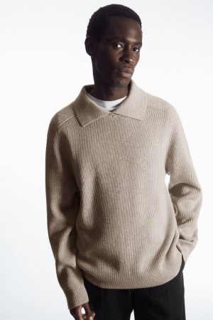 COS Open-collar Gyapjú And Cashmere Pólóing Férfi Világos Bézs | QVB-941875
