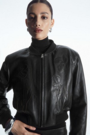 COS Oversized Appliquéd Bőr Bomber Kabát Női Fekete | ALT-794853